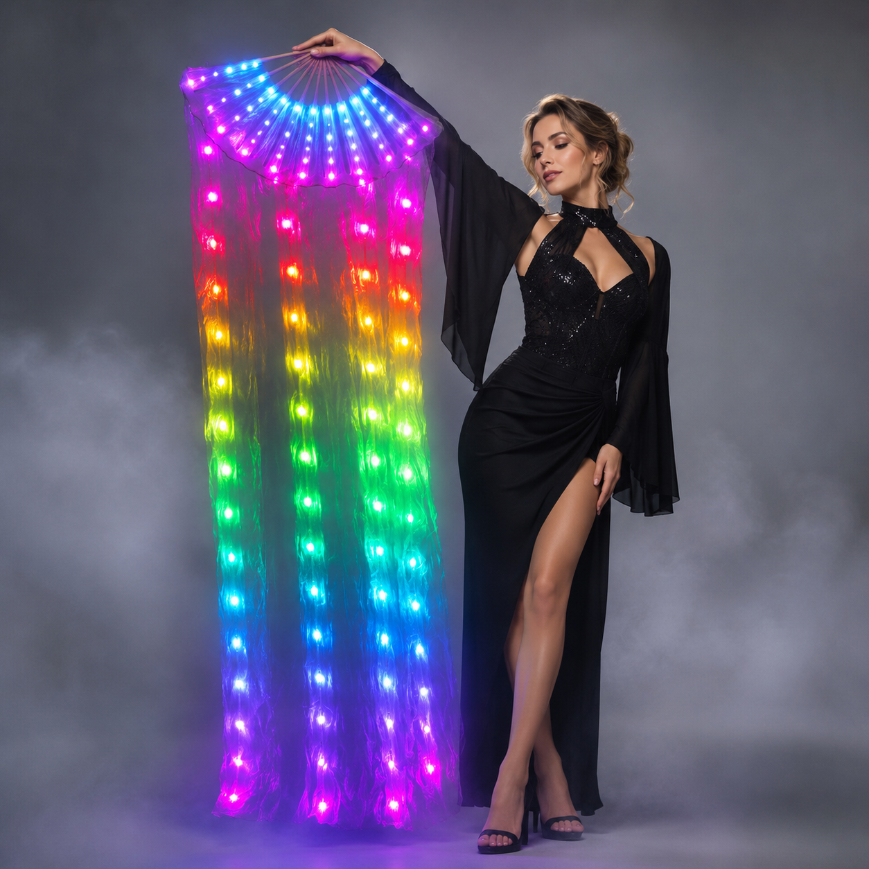 LED Belly Dance Silk Fan Veil Stage Performance Accessories Prop Light Bellydance LED Fans Shiny Rainbow
