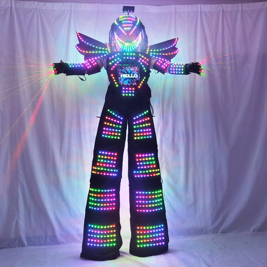Disfraz de Robot LED de píxel a todo Color, ropa, disfraz de caminante con guantes láser, pantalla Digital, logotipo de imagen de texto DIY 