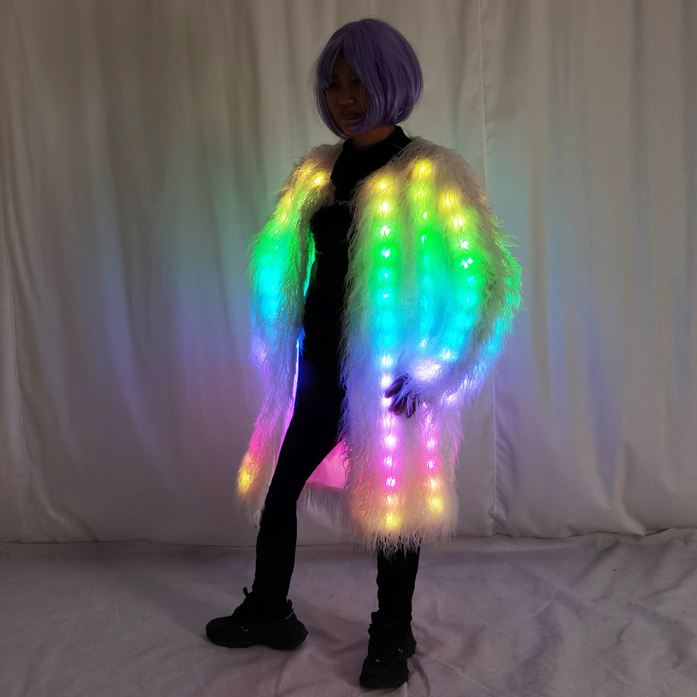 Women LED Luminous Fur Coat Remote Control Light Up Faux Fur Jacket for Party Festival - Temlaser.net