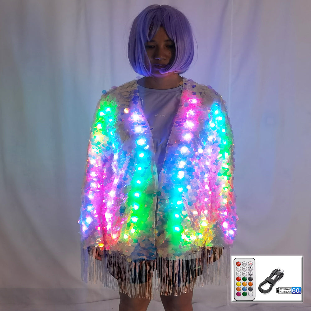 LED Full Color Sequin Tassel Belly Dance Costume Sparkly Performance Outfit - Temlaser.net