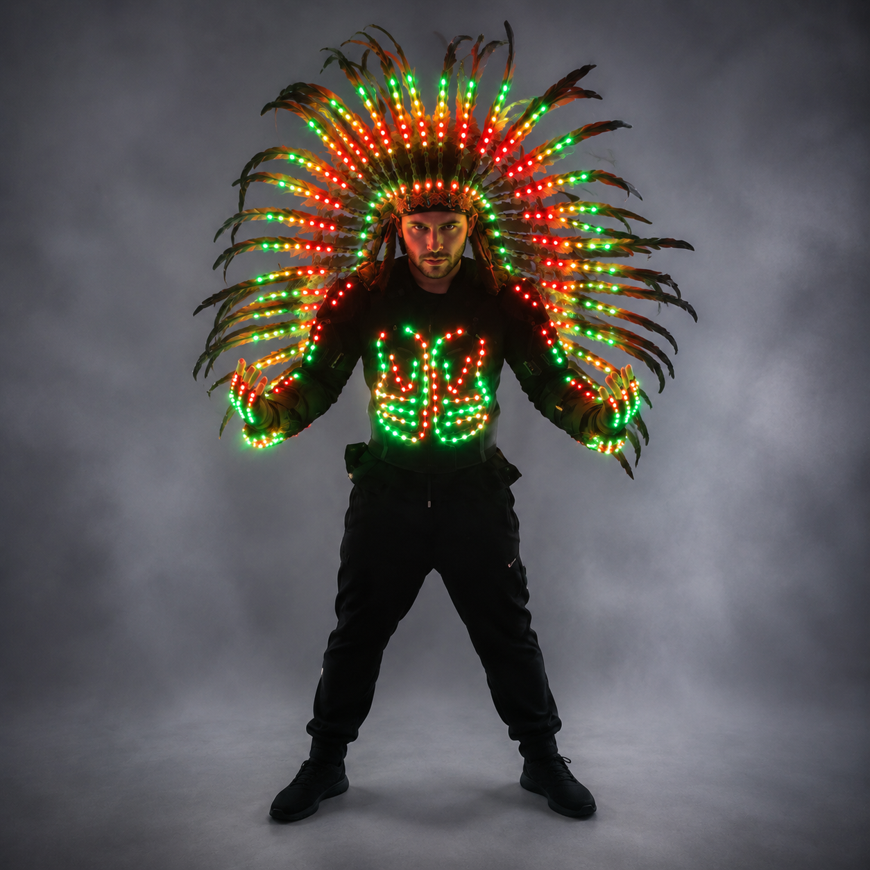 LED Light Up Armor Suit - Full Color Glowing Outfit with LED Indian Tribal Mask