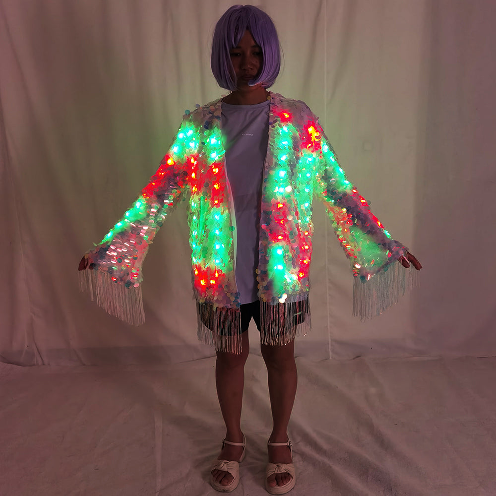 LED Full Color Sequin Tassel Belly Dance Costume Sparkly Performance Outfit - Temlaser.net