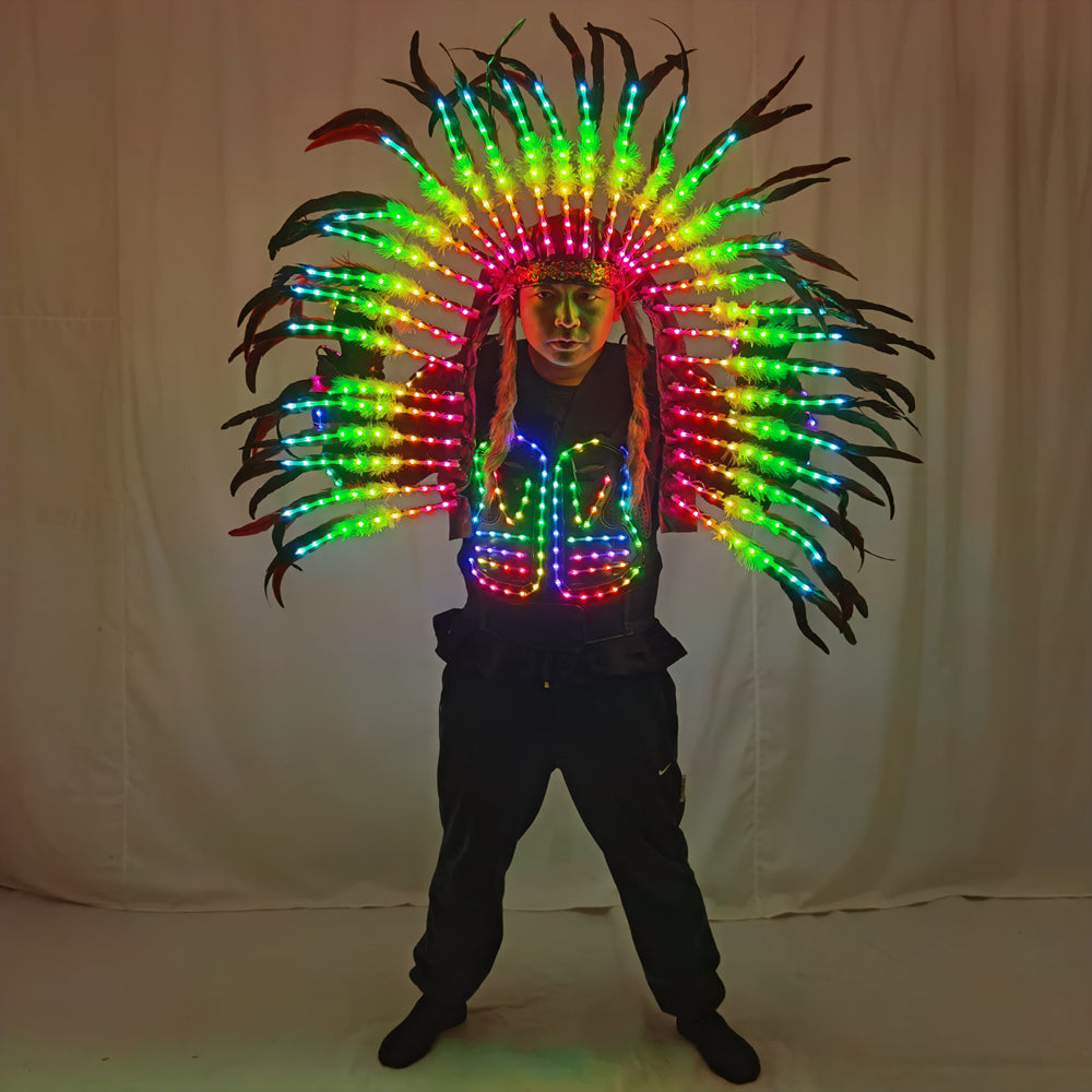 LED Light Up Armor Suit - Full Color Glowing Outfit with LED Indian Tribal Mask