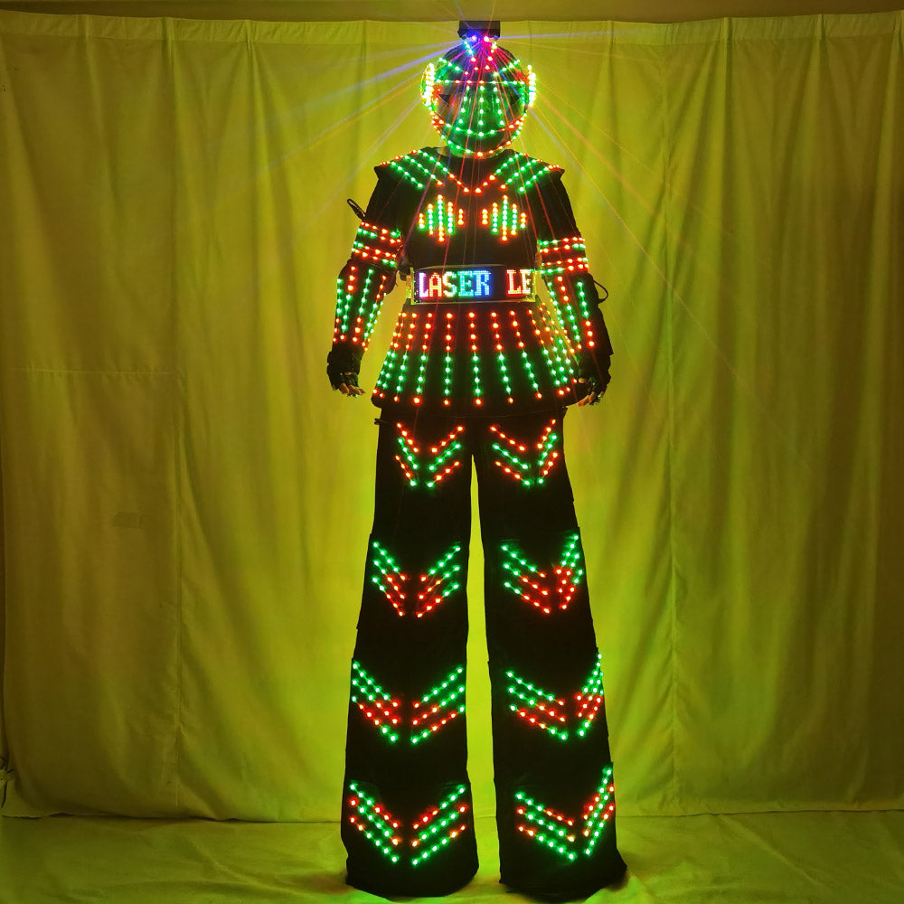Female Kryoman David Guetta Style LED Stilt Robot Suit with Helmet - Illuminated Dance Wear for Stage Performances