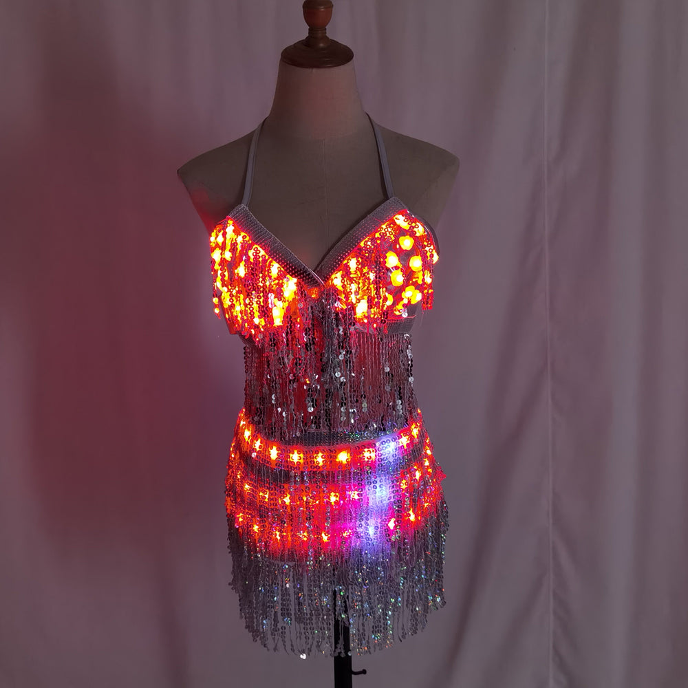 LED Glowing Bra & Shorts Set - Women Luminous Suit with Belt, Tassel & Reflective Accessories