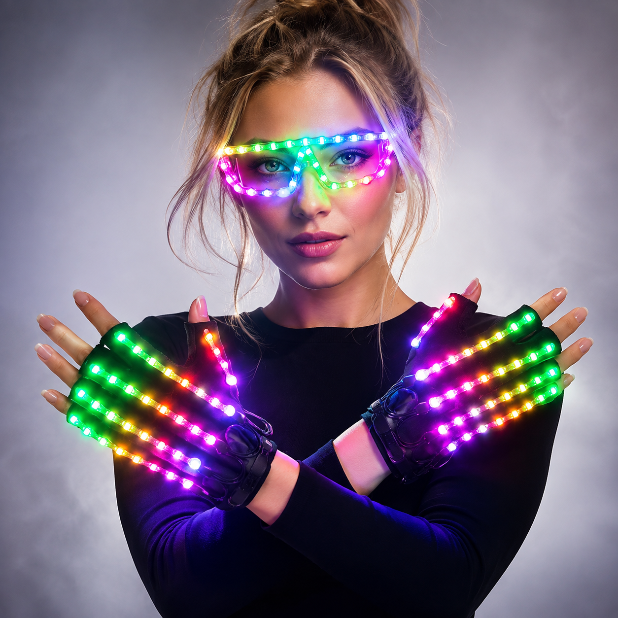LED Gloves Glowing Glasses Light Up Glasses Rave Costume Decor DJ Dance Performances Luminous Props Halloween Decorati
