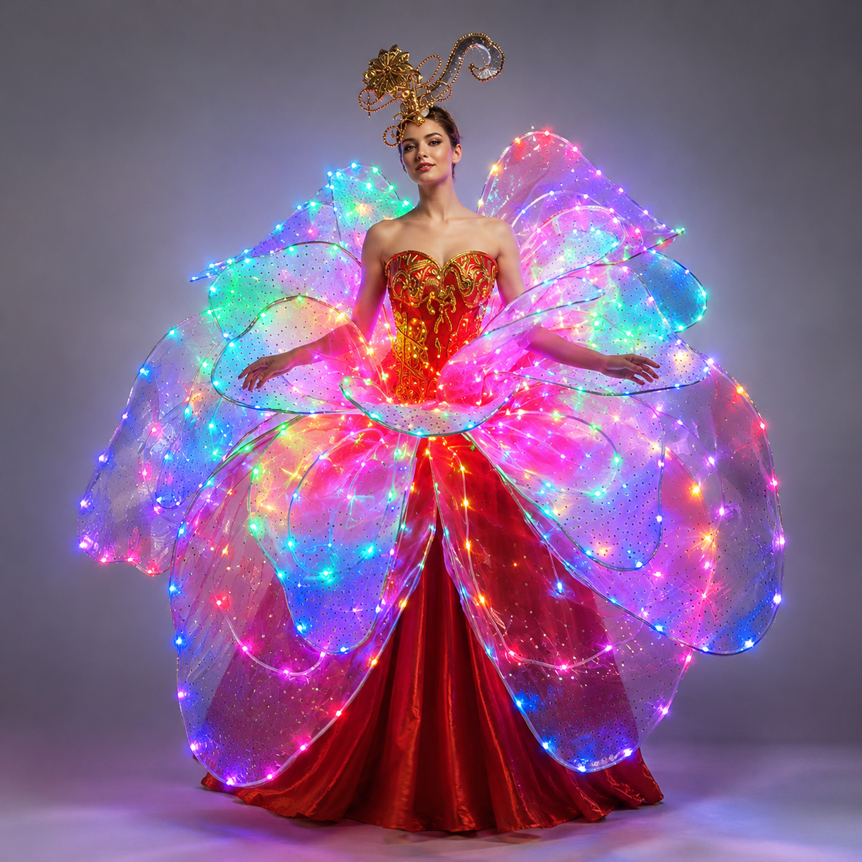 Full Color LED Petal Skirt Flower Opening Dance Big Swing Dress Modern Dance Performance Dress LED Robot Suit Blossom Long Dress
