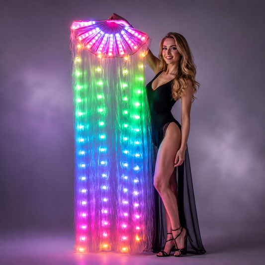 LED Full Color Belly Dance Silk Fan Veil Stage Performance Accessories Prop Light Bellydance LED Fans Shiny Rainbow