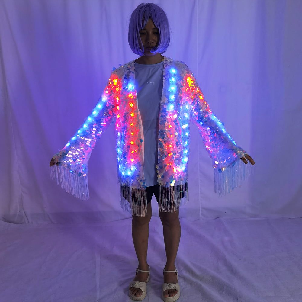 LED Full Color Sequin Tassel Belly Dance Costume Sparkly Performance Outfit - Temlaser.net