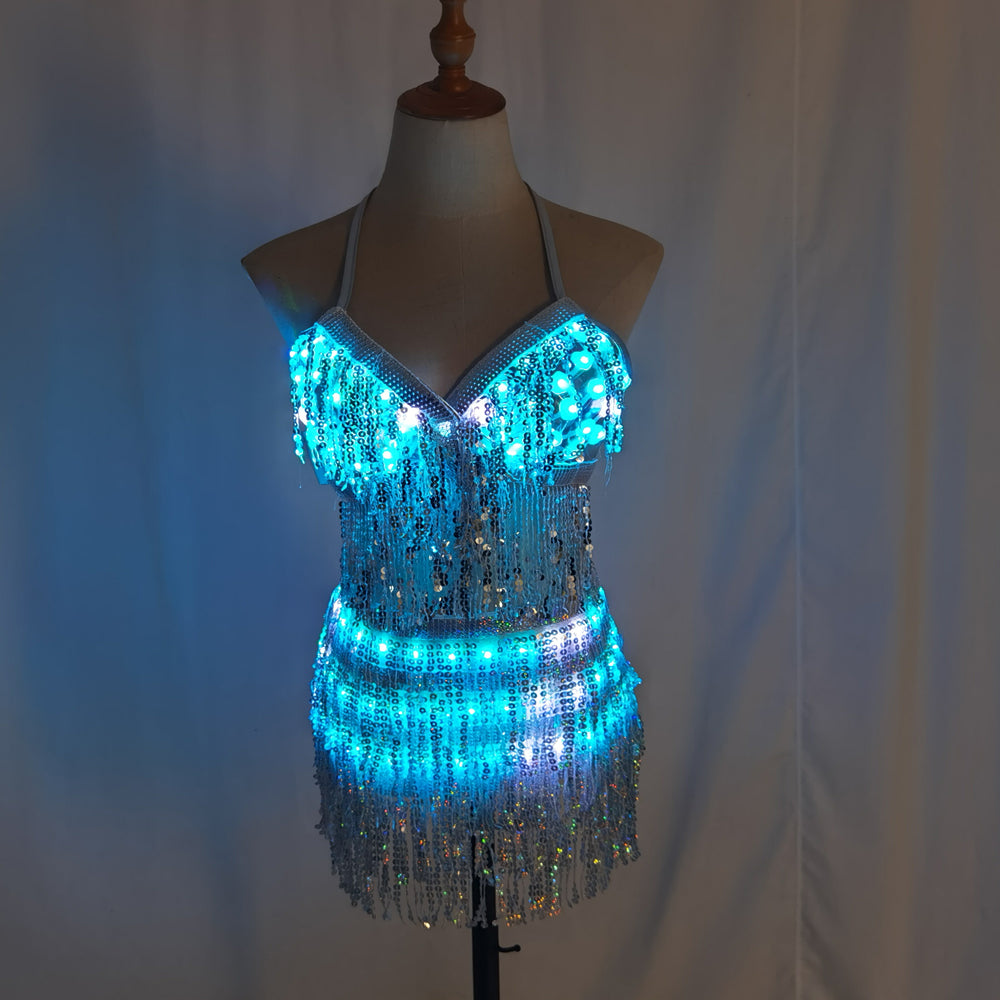LED Glowing Bra & Shorts Set - Women Luminous Suit with Belt, Tassel & Reflective Accessories