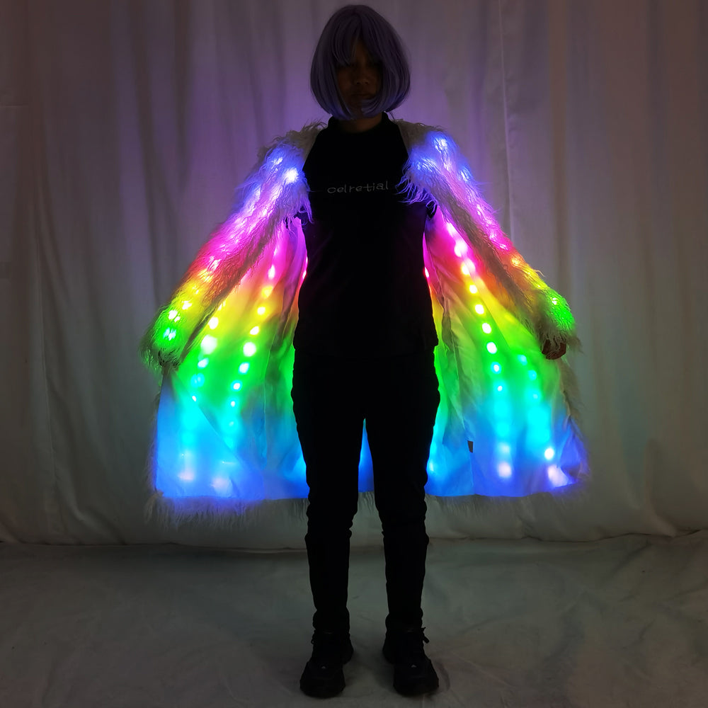 Women LED Luminous Fur Coat Remote Control Light Up Faux Fur Jacket for Party Festival - Temlaser.net
