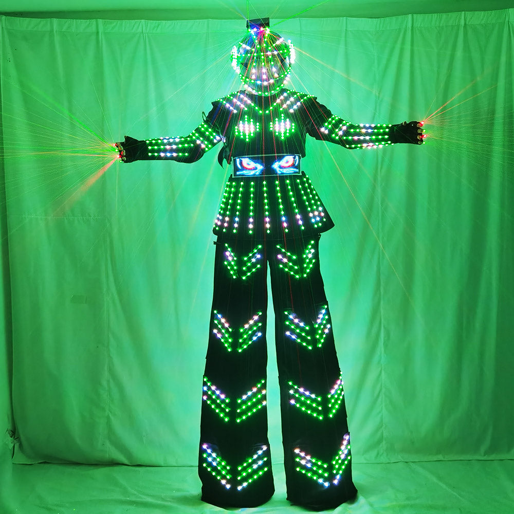 Female Kryoman David Guetta Style LED Stilt Robot Suit with Helmet - Illuminated Dance Wear for Stage Performances