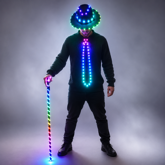LED Light Up Belly Dance Costume with Flashing White Canes for Men Women Stage Party