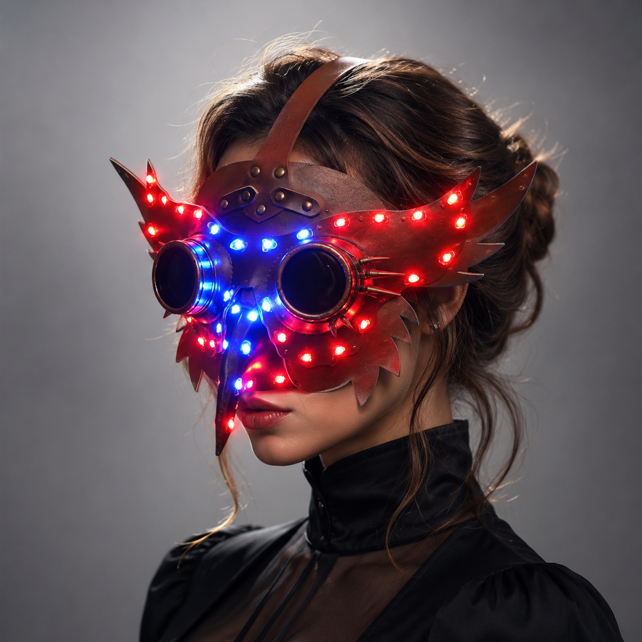 Full Color LED Luminous PU Leather Steampunk Mask Women Men Punk Wings Rivets Halloween Cosplay Gothic Mask Props