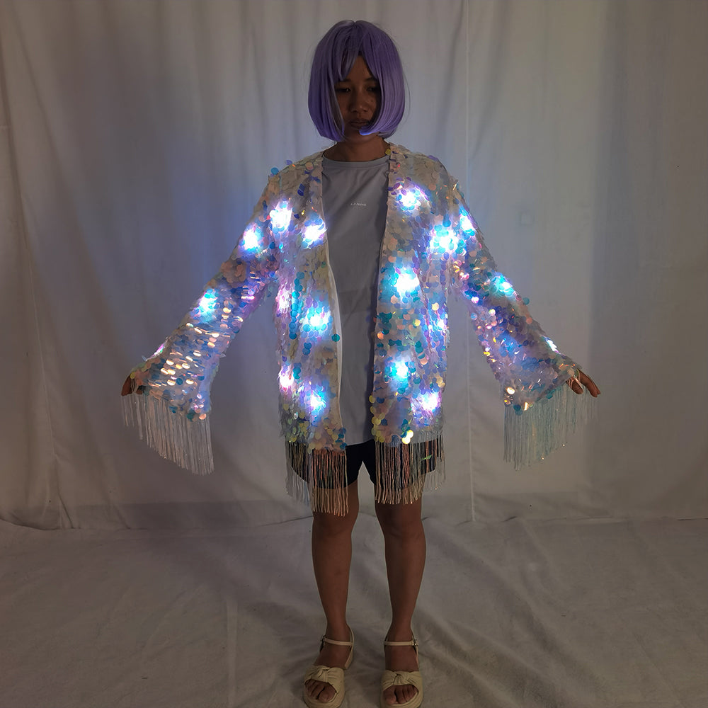LED Full Color Sequin Tassel Belly Dance Costume Sparkly Performance Outfit - Temlaser.net