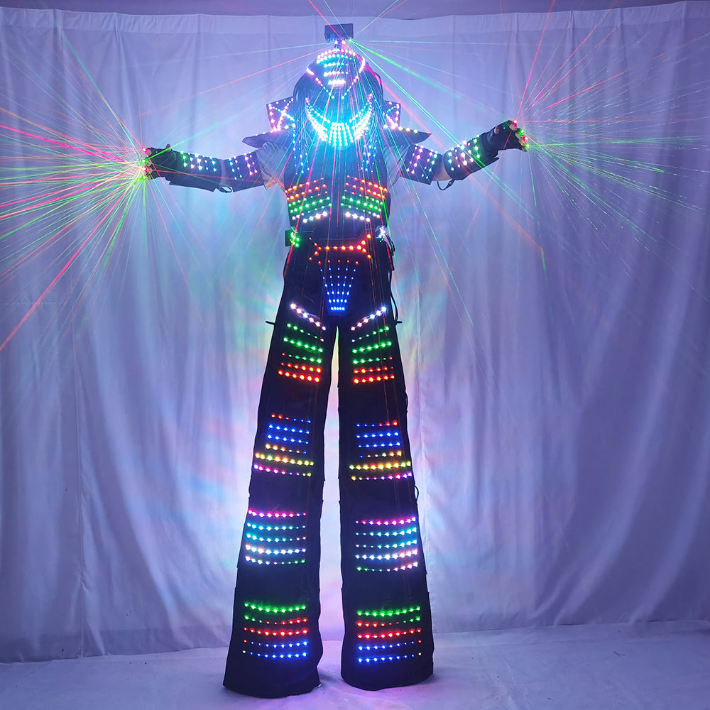 LED Robot Costume Traje LED Suit Dress Clothes Stilt Walking Luminous Jacket With Laser Gloves Predator Lighted Helmet