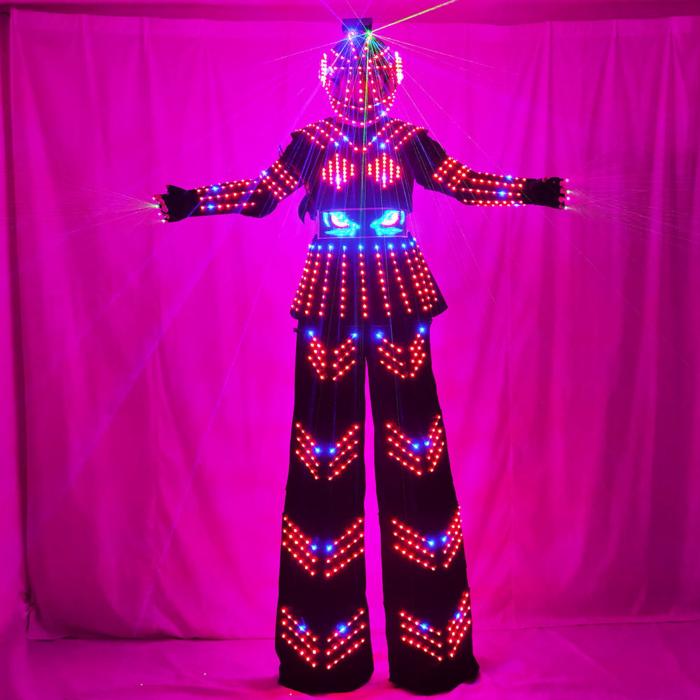 Female Kryoman David Guetta Style LED Stilt Robot Suit with Helmet - Illuminated Dance Wear for Stage Performances