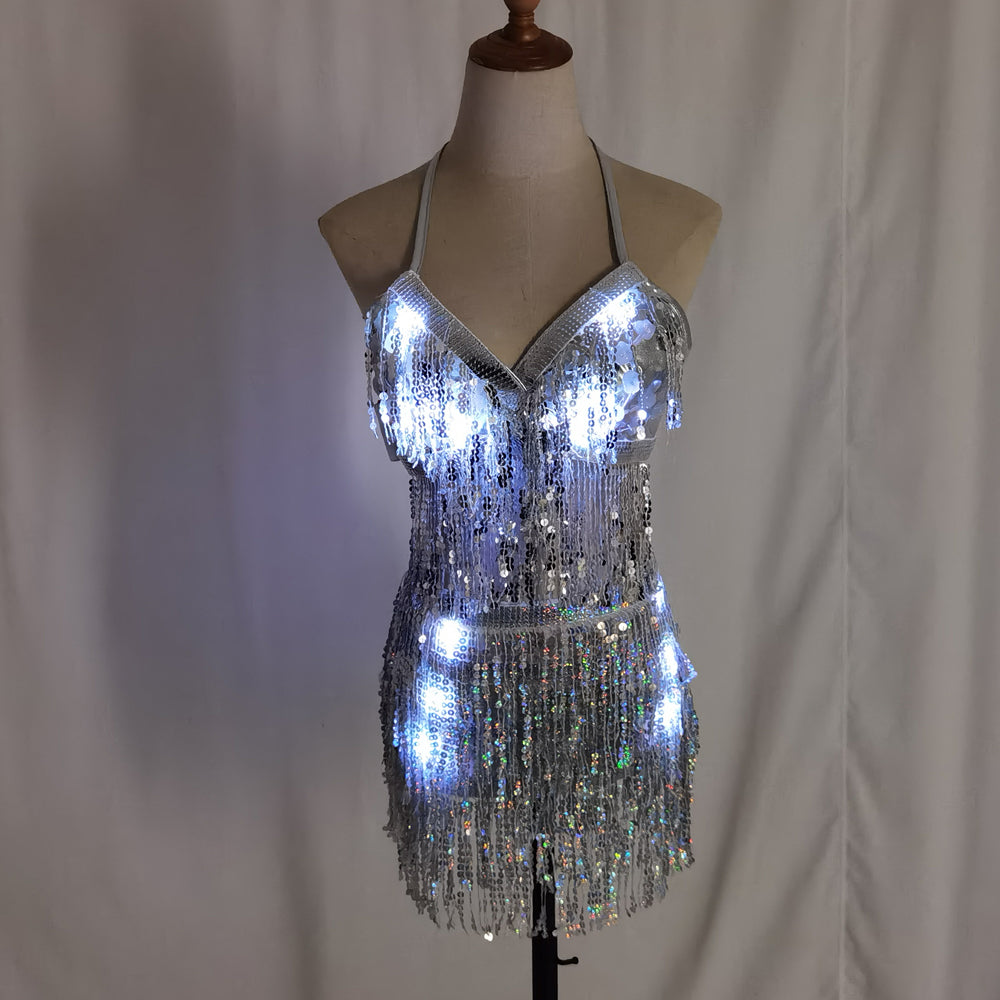 LED Glowing Bra & Shorts Set - Women Luminous Suit with Belt, Tassel & Reflective Accessories