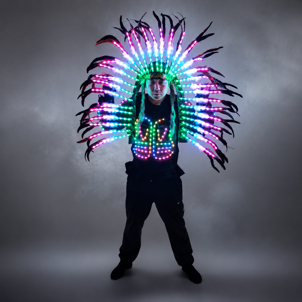 LED Light Up Armor Suit - Full Color Glowing Outfit with LED Indian Tribal Mask
