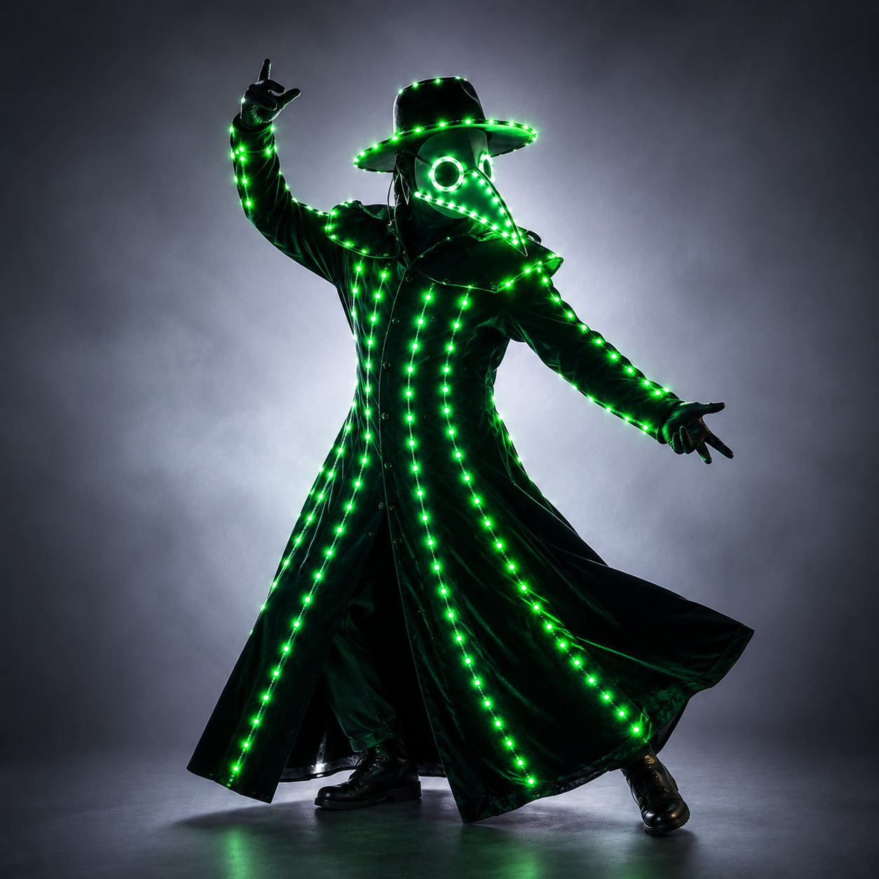 LED Light-up Plague Doctor Costume - Steampunk Crow Style with Glowing Mask