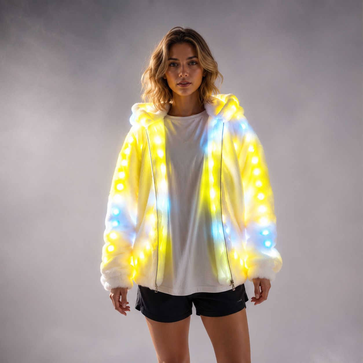 المرأة فو الفراء Led ضوء معطف عيد الميلاد ازياء تأثيري الفراء رقيق 6xl سترة أبلى الشتاء الدافئة مهرجان الطرف معطف