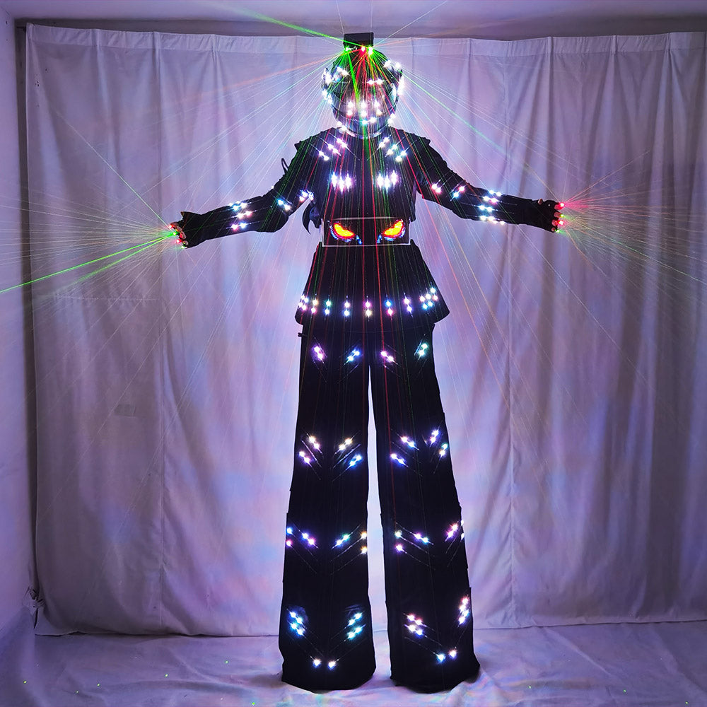 Female Kryoman David Guetta Style LED Stilt Robot Suit with Helmet - Illuminated Dance Wear for Stage Performances