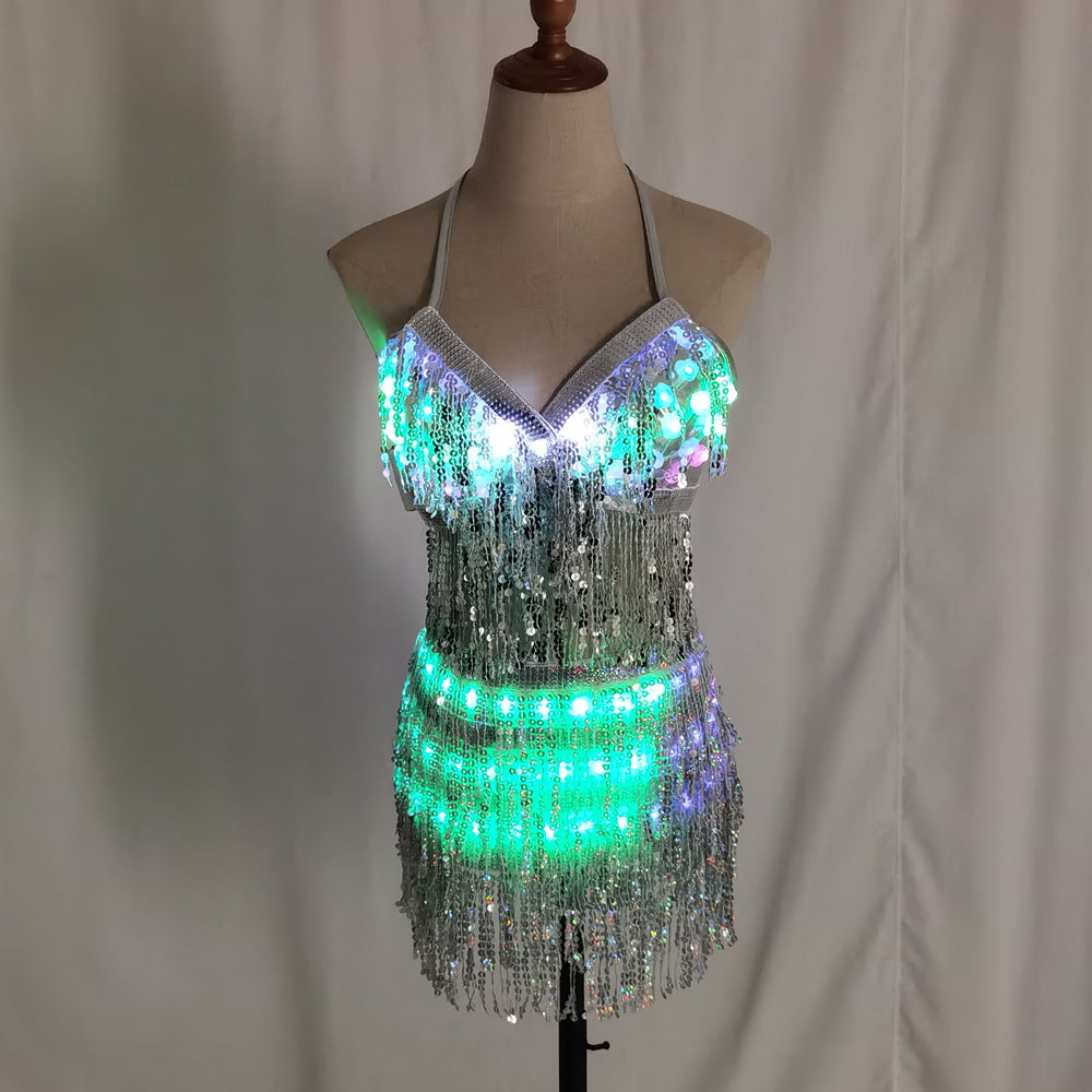 LED Glowing Bra & Shorts Set - Women Luminous Suit with Belt, Tassel & Reflective Accessories