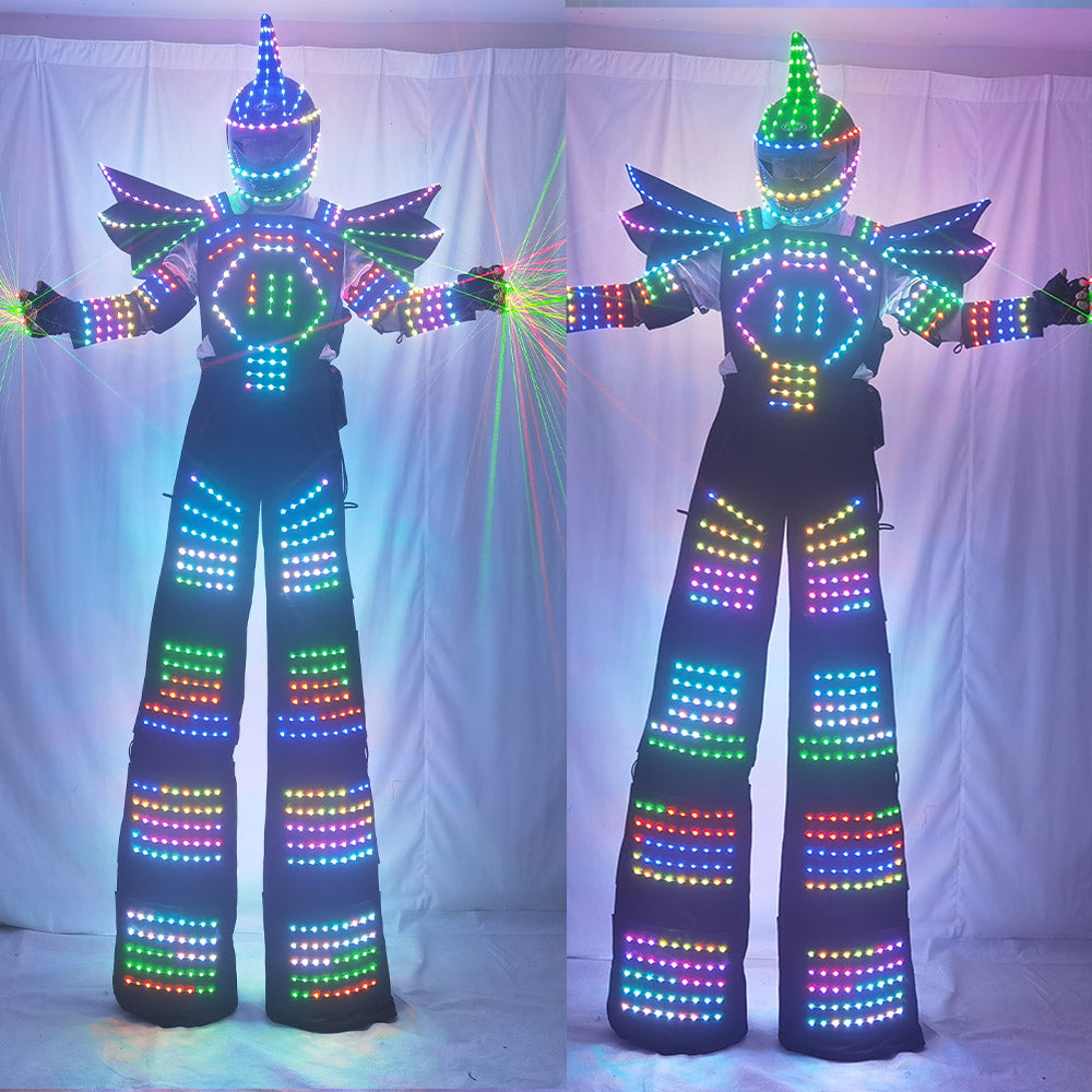 Full Color Pixel LED Robot Costume Clothes Stilts Walker Costume LED Suit Costume Helmet Laser Gloves CO2 Gun Jet Machine