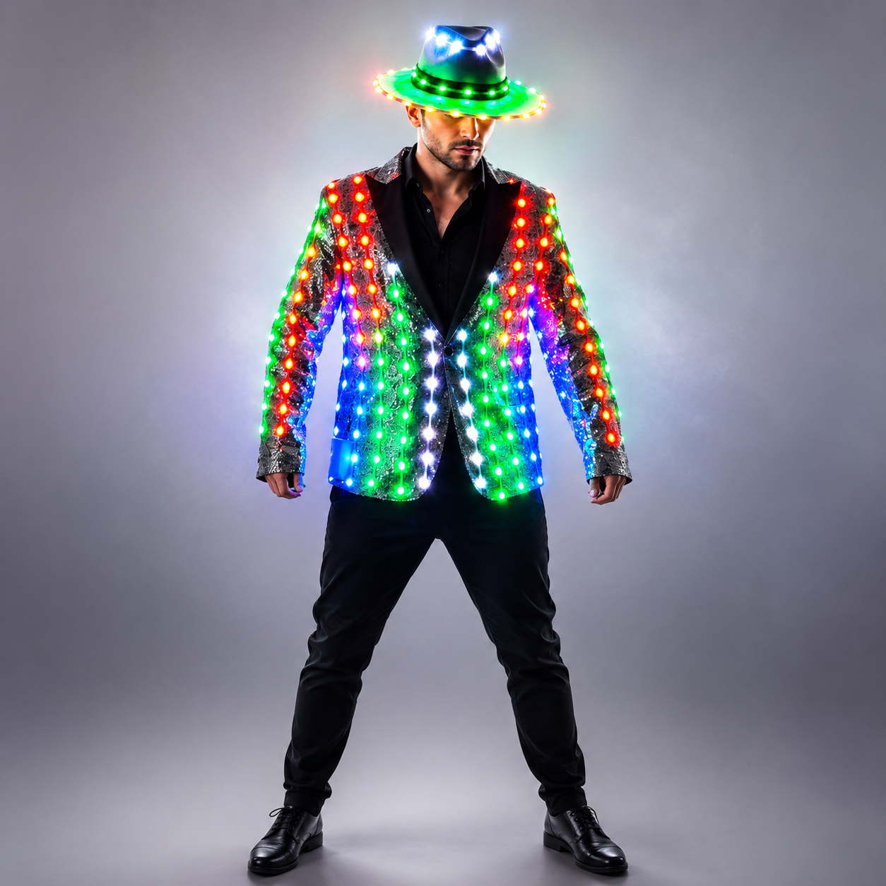 Lentejuelas LED a todo color, iluminación de moda, vestido de presentador mayor, baile, padrino, banquete, chaqueta de traje delgada