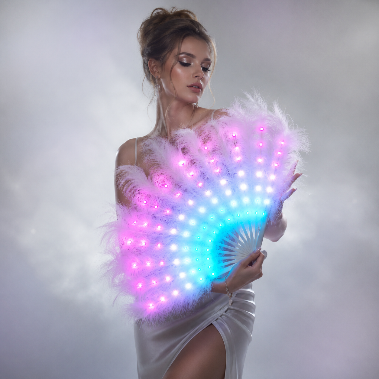 Full Color Ostrich Feathers LED Fan Performance Dancing Lights Fans Night Show Singer DJ Costumes Halloween Party Gifts