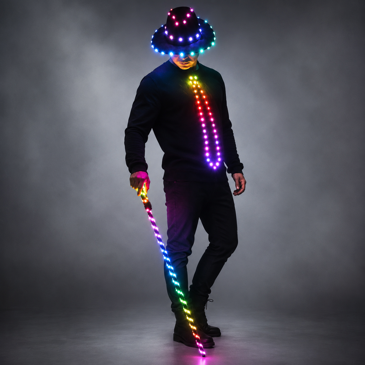 LED Light Up Belly Dance Costume with Flashing White Canes for Men Women Stage Party