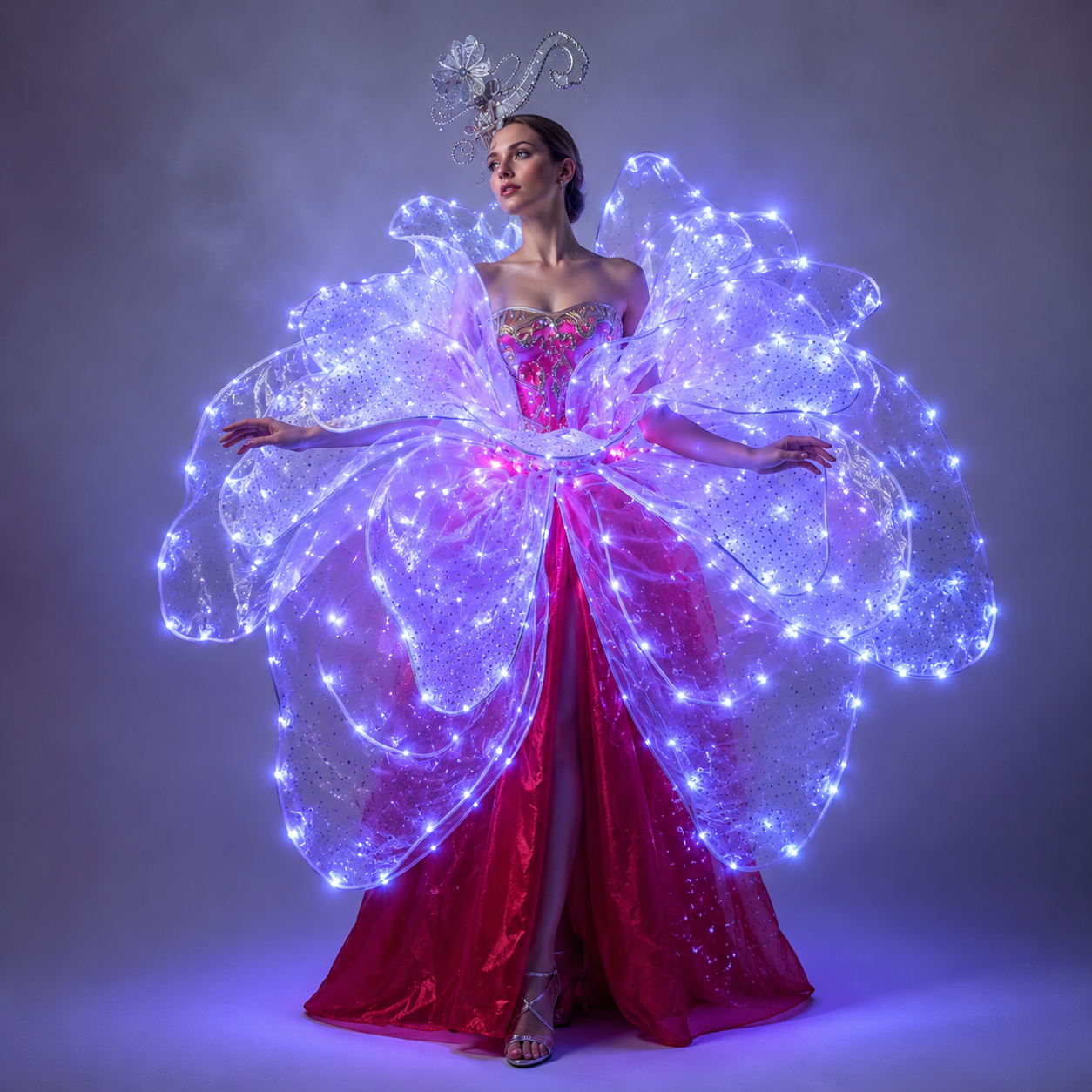Full Color LED Petal Skirt Flower Opening Dance Big Swing Dress Modern Dance Performance Dress LED Robot Suit Blossom Long Dress