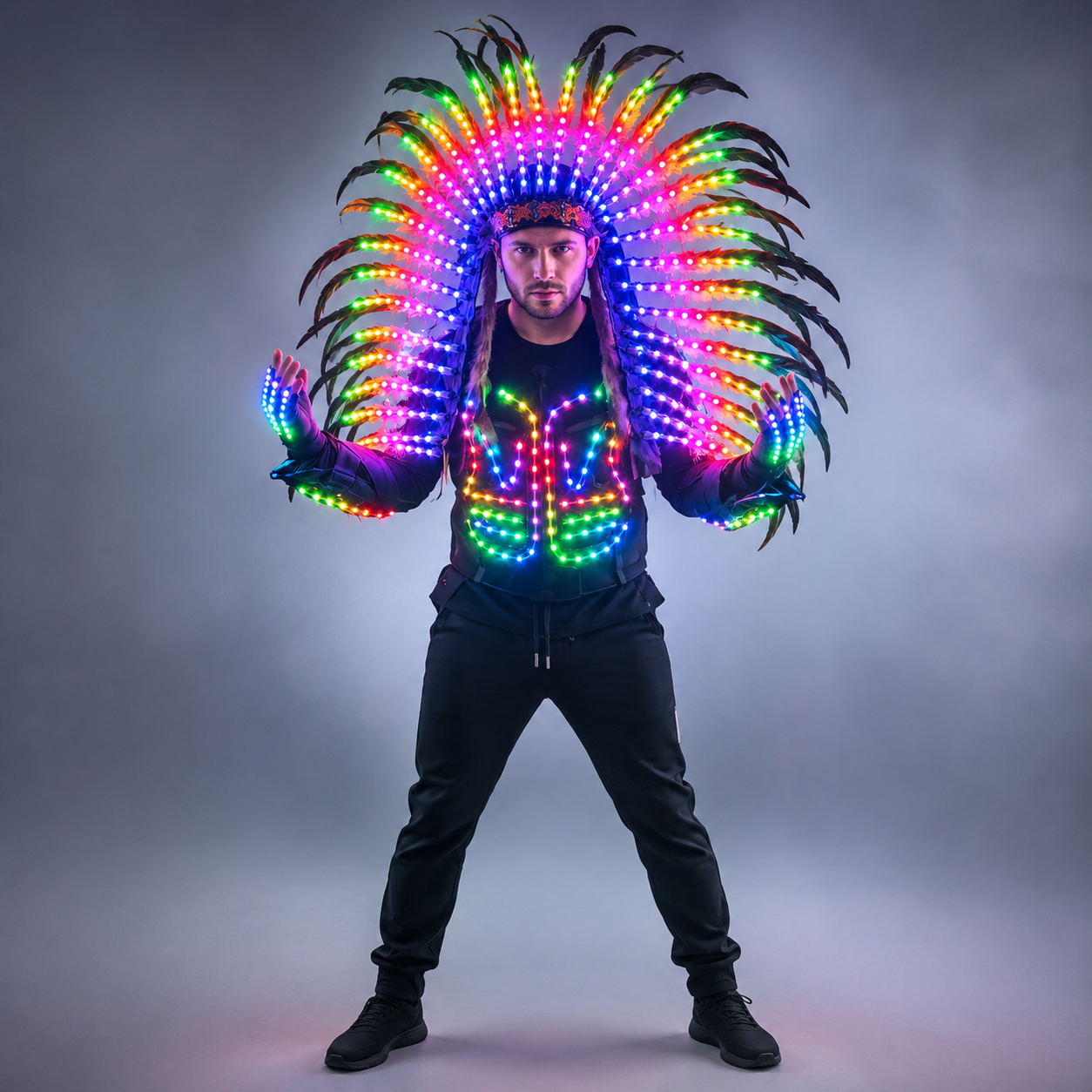 LED Light Up Armor Suit - Full Color Glowing Outfit with LED Indian Tribal Mask