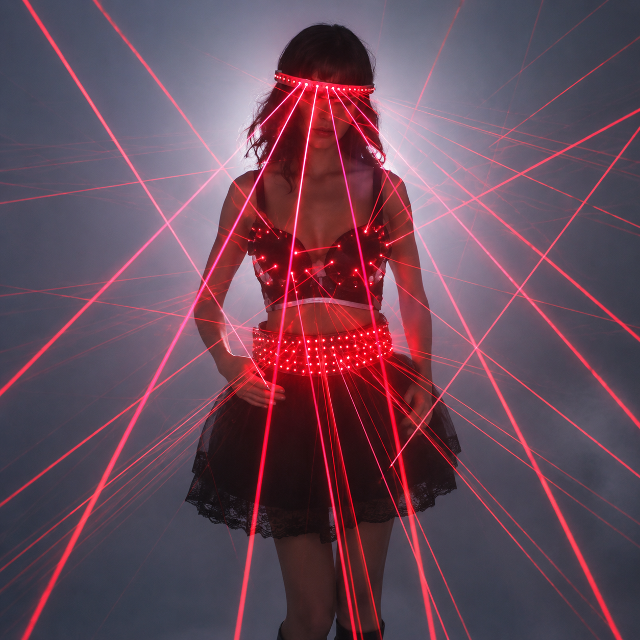 Red LED Laser Suit for Nightclub Performers with Laser Bra and Glasses
