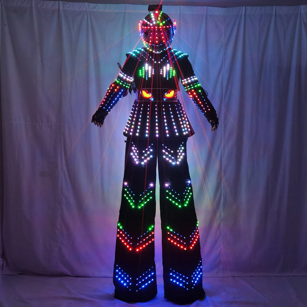 Female Kryoman David Guetta Style LED Stilt Robot Suit with Helmet - Illuminated Dance Wear for Stage Performances