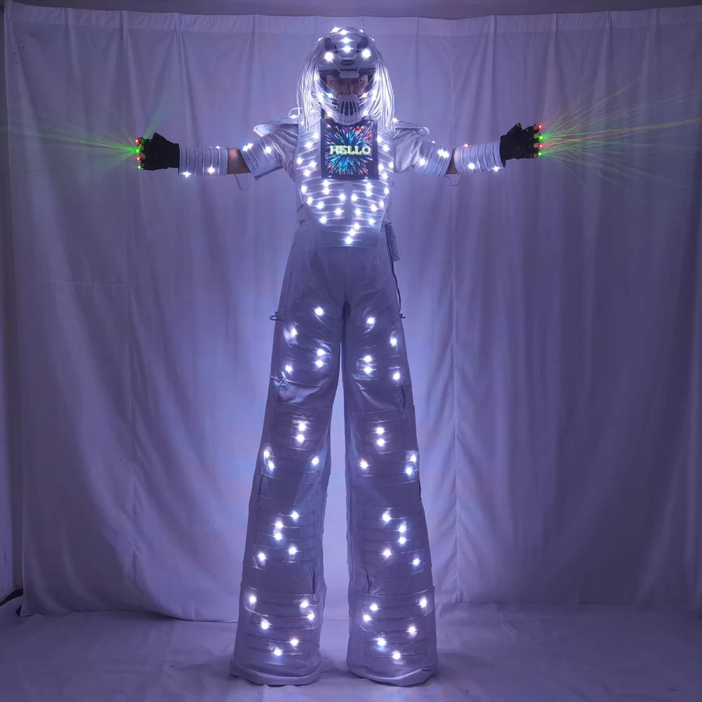 Traje de Robot LED de píxeles, ropa de disfraz, pantalla de pecho inteligente a todo Color, andador, casco con guante láser 