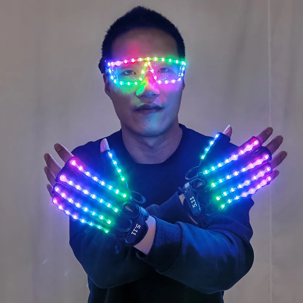 LED Gloves Glowing Glasses Light Up Glasses Rave Costume Decor DJ Dance Performances Luminous Props Halloween Decorati