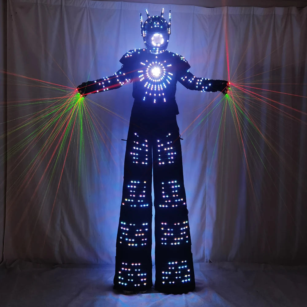 Traje de Robot LED Pixel, zancos iluminados, disfraz de caminante, David Guetta, ropa luminosa de Color de baile, guantes láser, pistola de CO2, máquina de chorro 