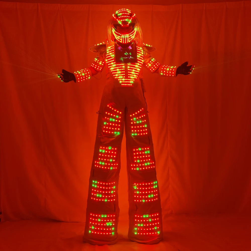 Traje de Robot LED de píxeles, ropa de disfraz, pantalla de pecho inteligente a todo Color, andador, casco con guante láser 