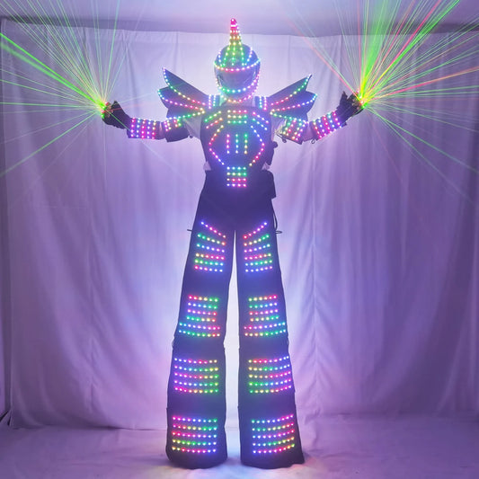 Disfraz de Robot con LED de píxel a todo Color, ropa, zancos, disfraz de andador, traje con LED, casco, guantes láser, pistola de CO2, máquina de chorro 