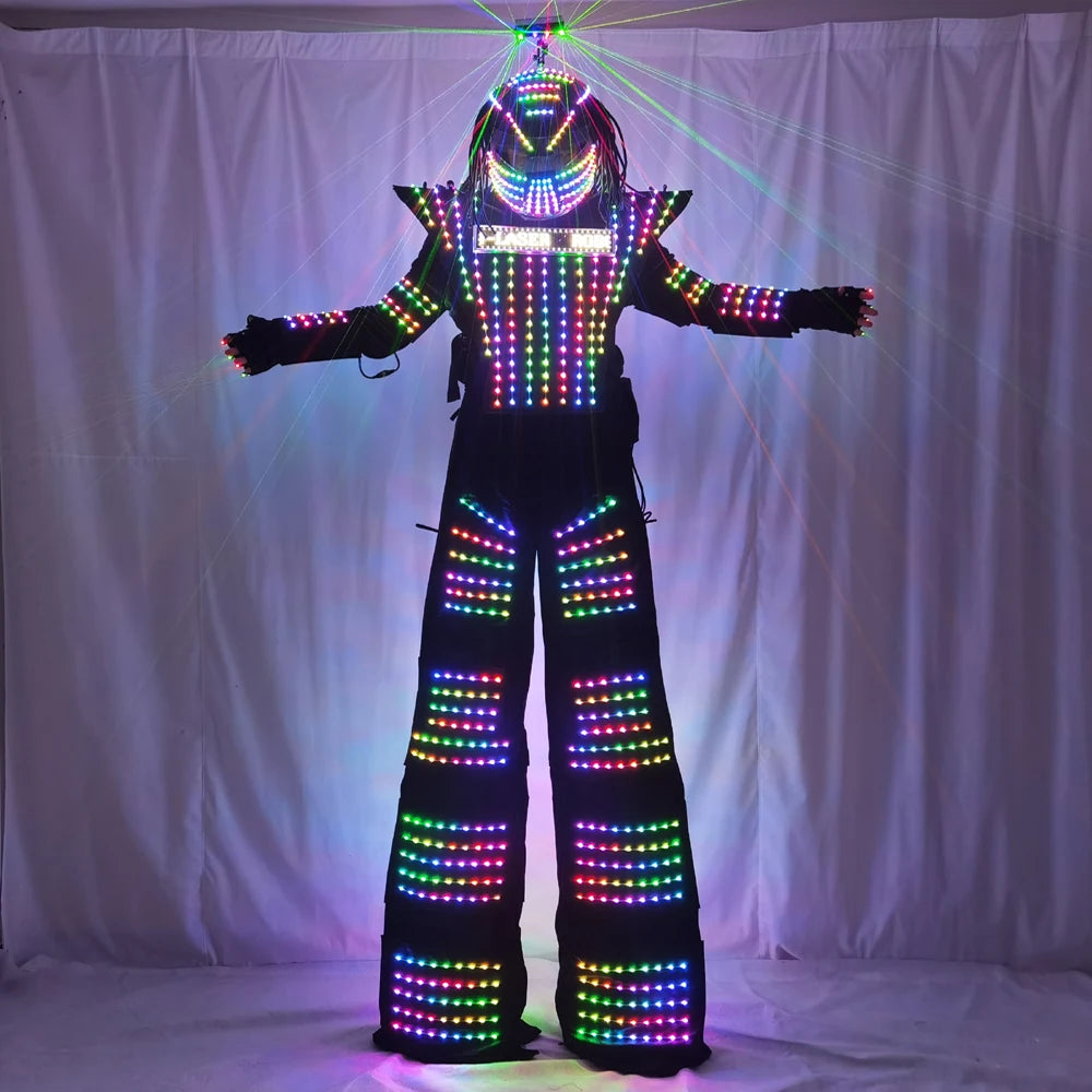 LED Robot Costume Clothes Full Color Chest Display White Silver Leather Stilt Walking Luminous Suit Jacket Laser Glove Helmet