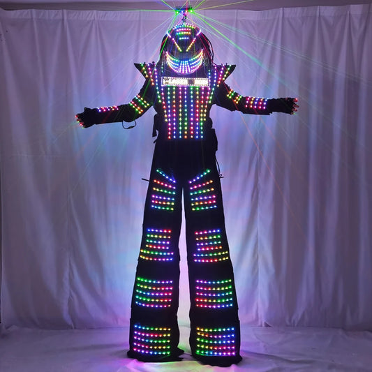 Disfraz de Robot con LED, ropa a todo Color, pantalla en el pecho, cuero blanco y plateado, traje luminoso para caminar, chaqueta, guante láser, casco 