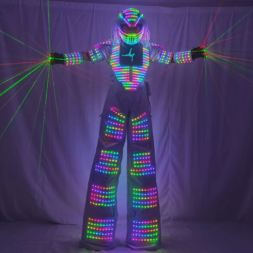 Traje de Robot LED de píxeles, ropa de disfraz, pantalla de pecho inteligente a todo Color, andador, casco con guante láser 