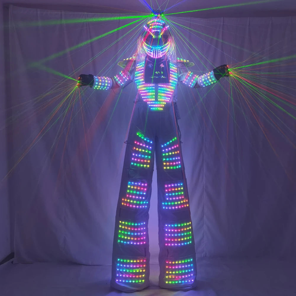 Traje de Robot LED de píxeles, ropa de disfraz, pantalla de pecho inteligente a todo Color, andador, casco con guante láser 