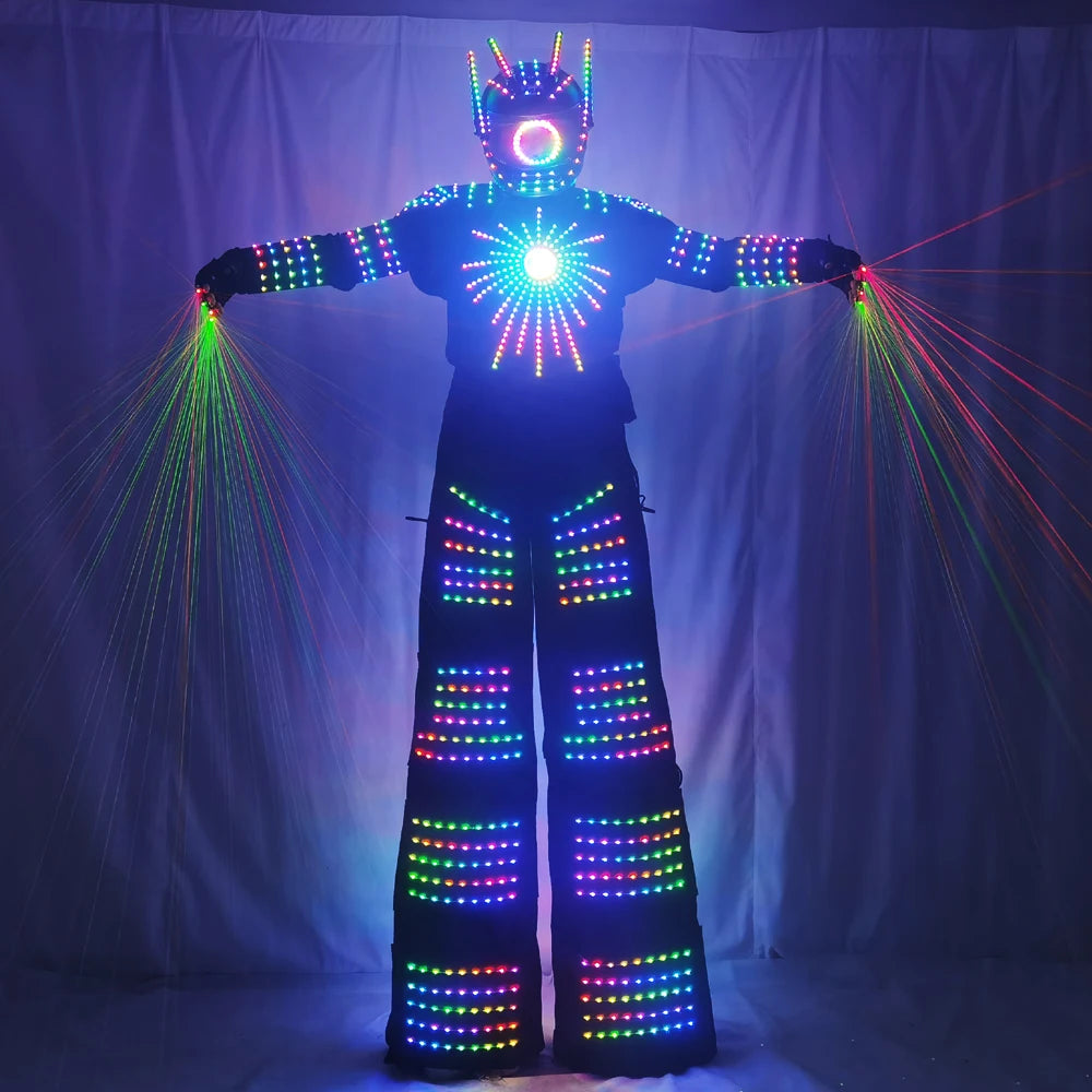 Traje de Robot LED Pixel, zancos iluminados, disfraz de caminante, David Guetta, ropa luminosa de Color de baile, guantes láser, pistola de CO2, máquina de chorro 