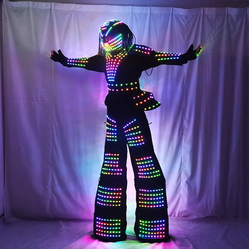 LED Robot Costume David Guetta Suit Silver White Leather Stilts Walker Costume with Laser Gloves Helmet Amosphere Prop