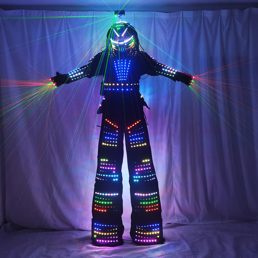 LED Robot Costume David Guetta Suit Silver White Leather Stilts Walker Costume with Laser Gloves Helmet Amosphere Prop