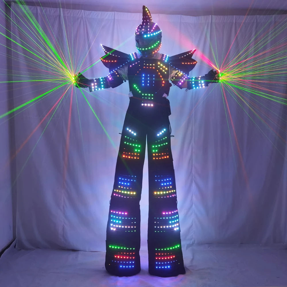 Full Color Pixel LED Robot Costume Clothes Stilts Walker Costume LED Suit Costume Helmet Laser Gloves CO2 Gun Jet Machine