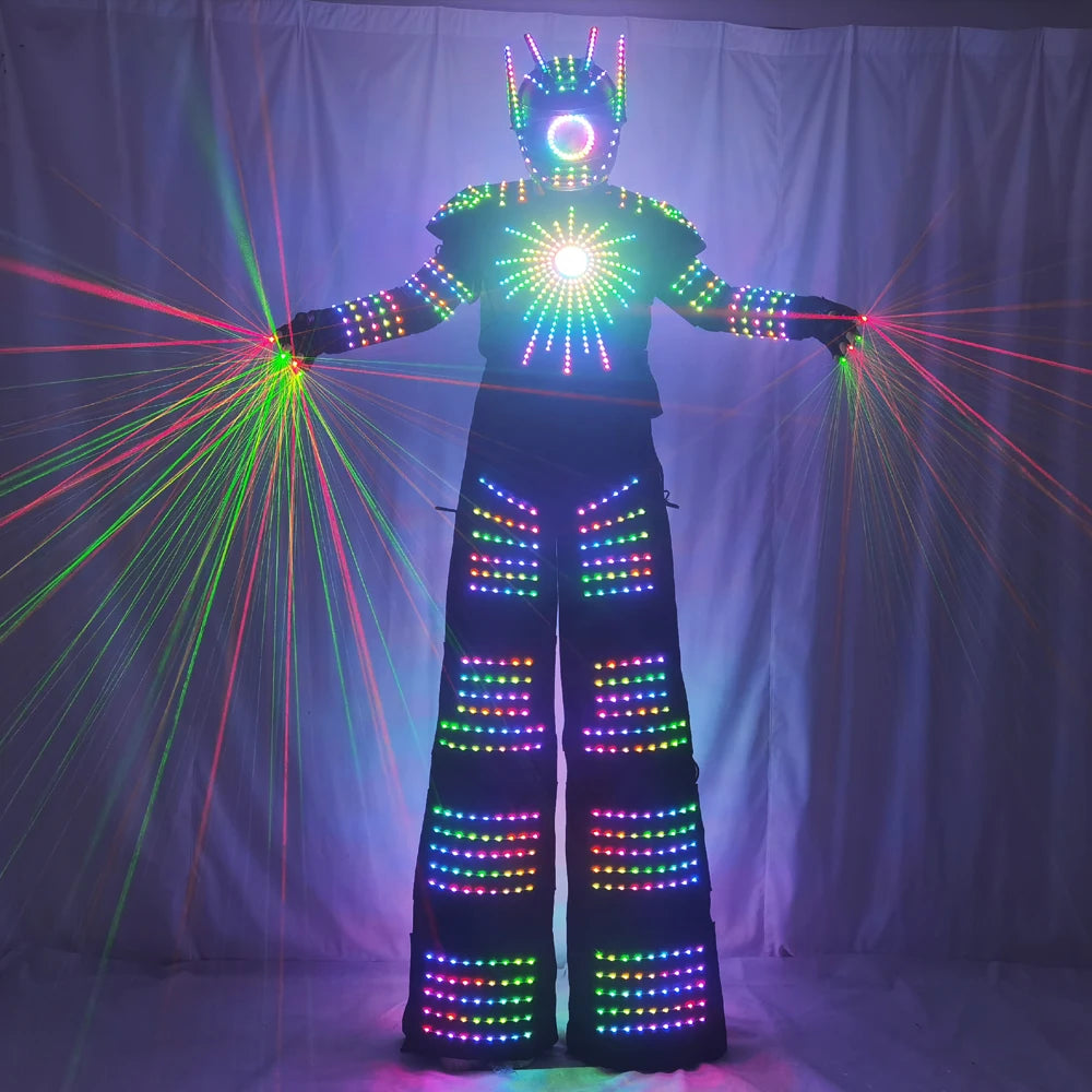 Traje de Robot LED Pixel, zancos iluminados, disfraz de caminante, David Guetta, ropa luminosa de Color de baile, guantes láser, pistola de CO2, máquina de chorro 