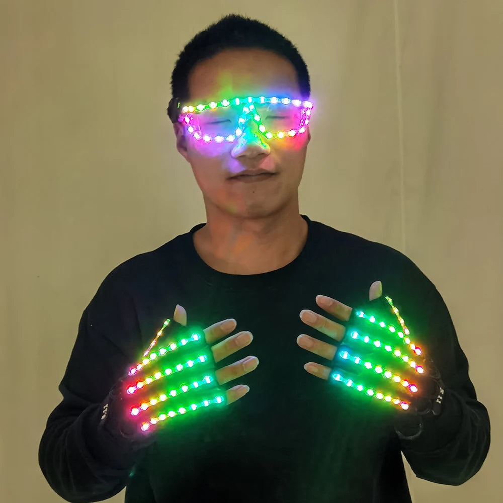 LED Gloves Glowing Glasses Light Up Glasses Rave Costume Decor DJ Dance Performances Luminous Props Halloween Decorati